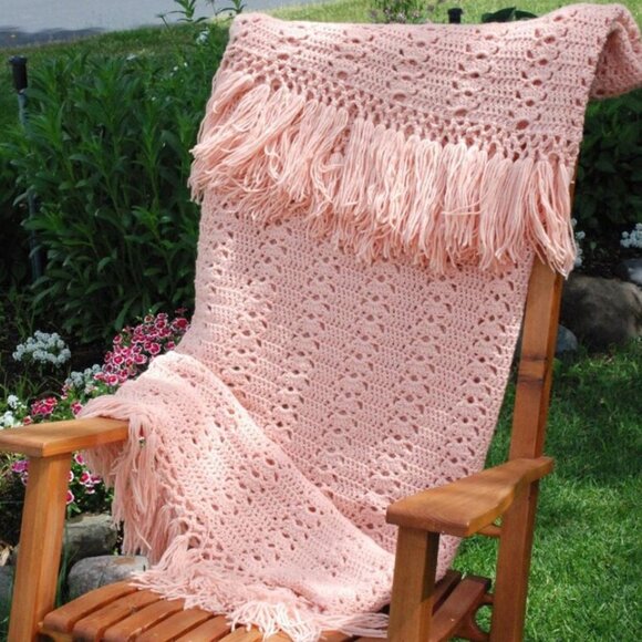 Shabby Cottagecore Crocheted Fringed Afghan Throw - Picture 1 of 3